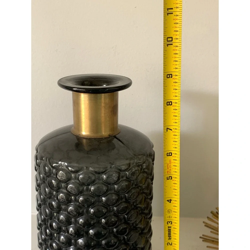 Smoky Gray Textured Glass Vase with‎ Gold Neck Mid Century Modern Decor 9.5